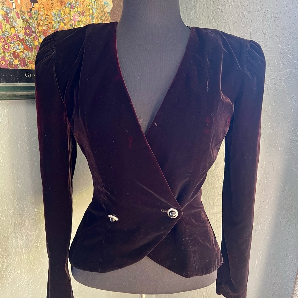 Vintage Zum Zum Black/Maroon Velvet Women's Jacket w/ Shoulder Pads and Bow 5/6